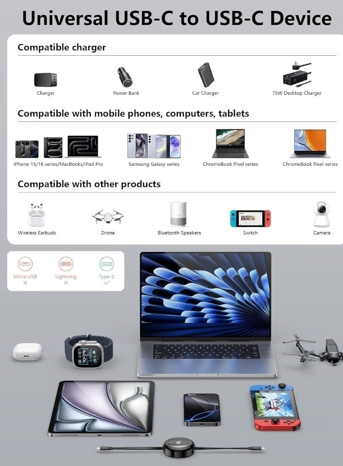 100W USB C Cable, Fast Charging, Retractable with 4-Stage Length Preset (3.3ft)