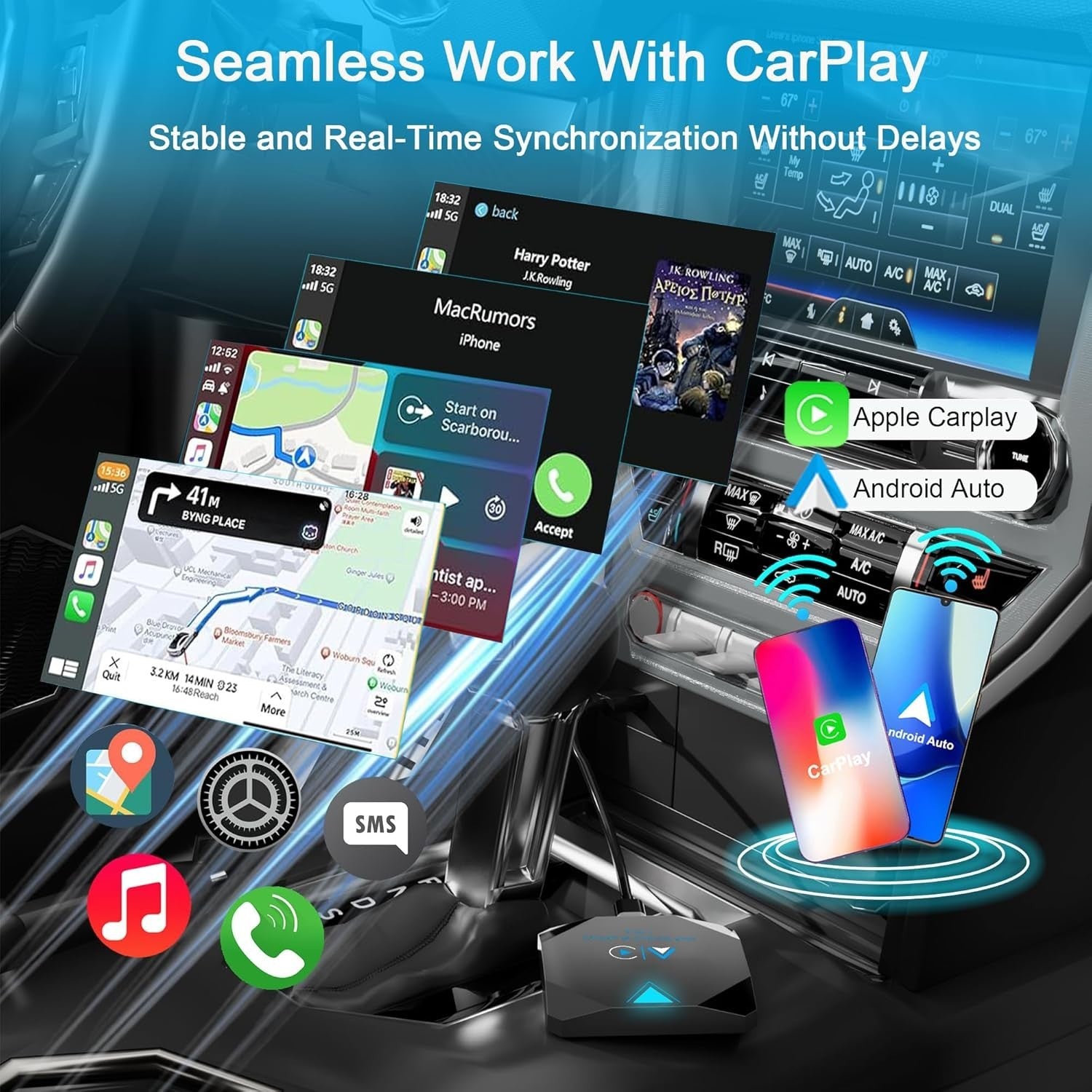 Android Auto Wireless Adapter, 2 in 1 Wireless CarPlay Adapter for iPhone NEW