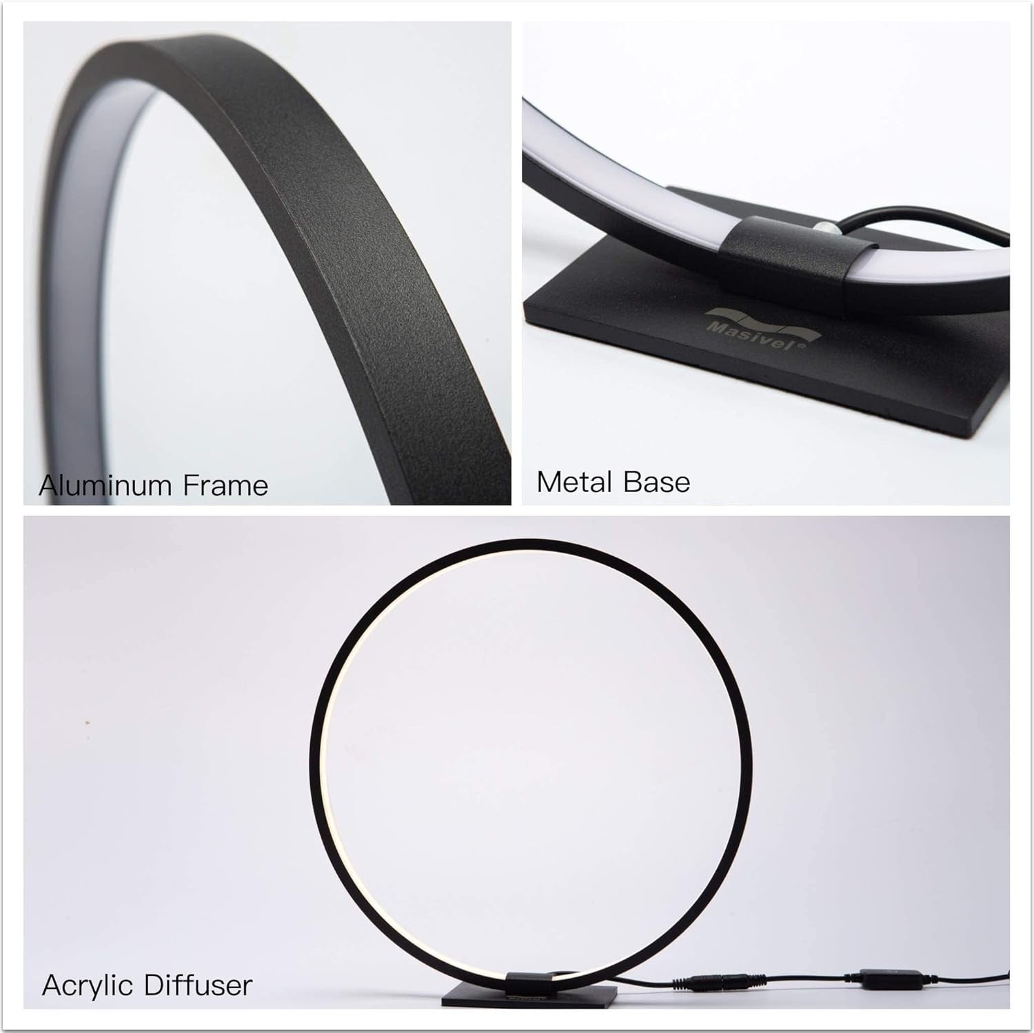 Modern Circle Table Lamp LED Warm Light Nightstand Lamp Black Bedroom Lamp