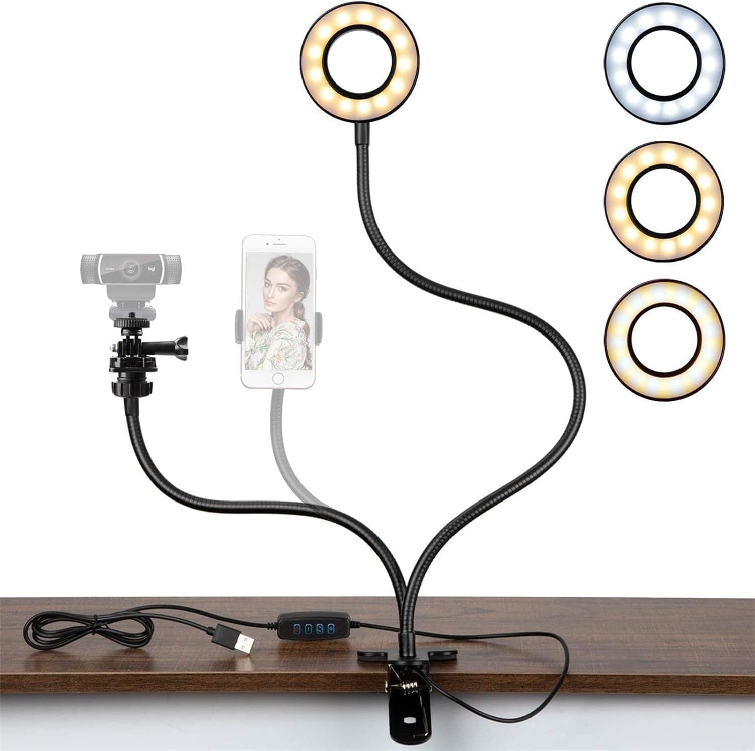 Webcam Light Stand for Live Stream, Selfie Ring Light with Webcam Mount