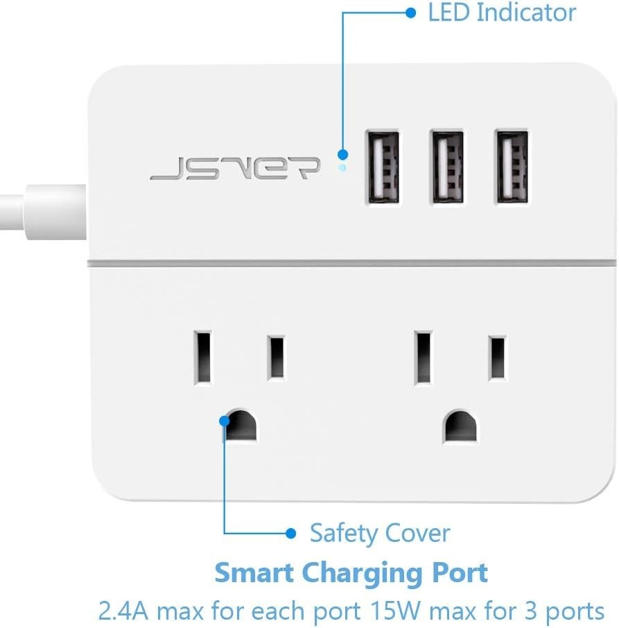 Mini USB Power Strip JSVER Travel Power Strip with 3 USB, 2 AC outlets Surge