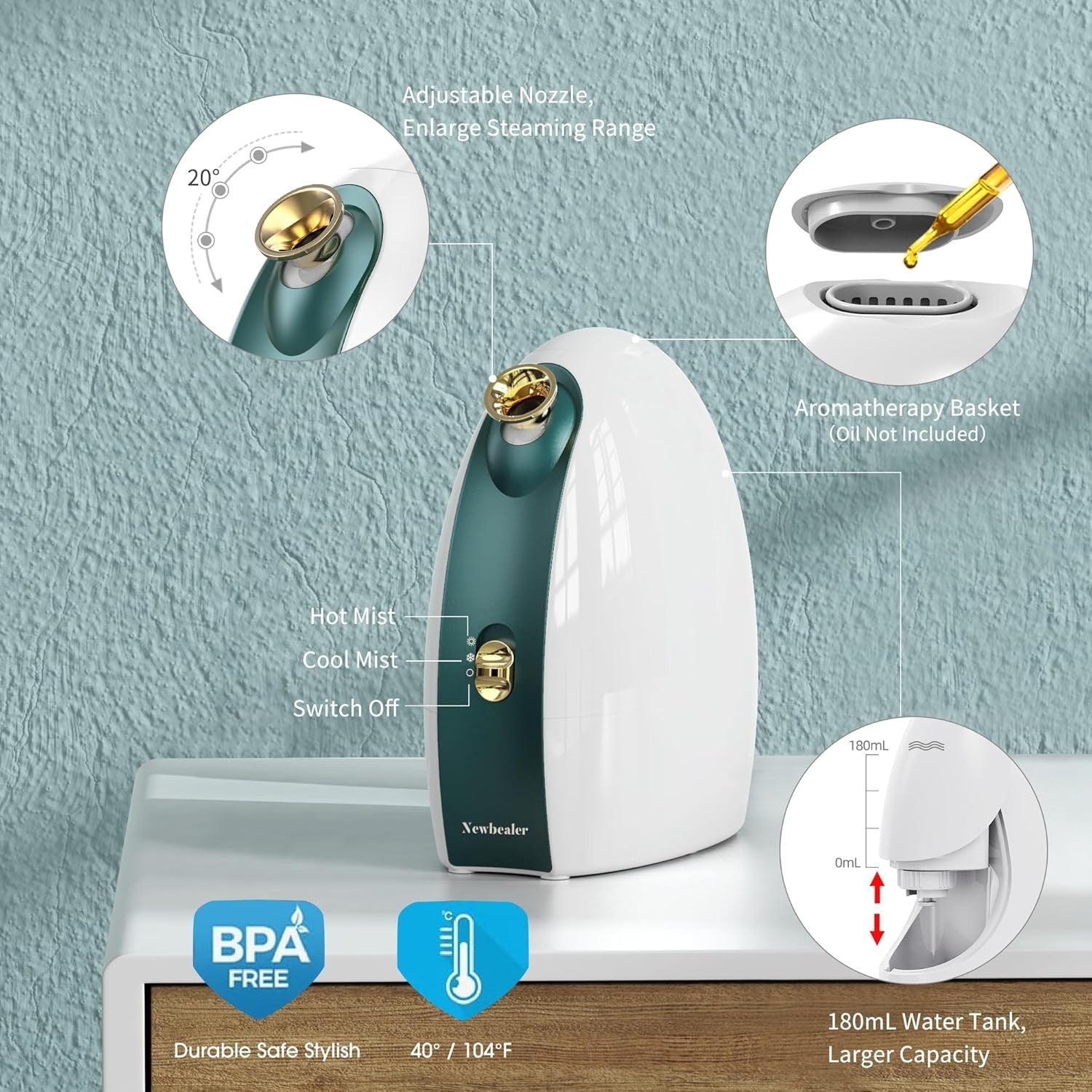 Newbealer Facial Steamer, 3in1 Aromatherapy Face Humidifier, 20 Min Hot & 60 Min