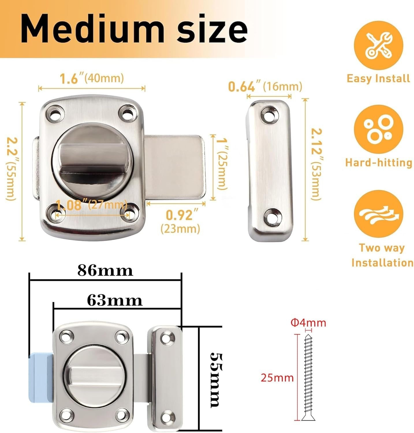 Alise Gate Latch Slide Bolt Latches Lock,Medium Size Safety Double Sided Rotate