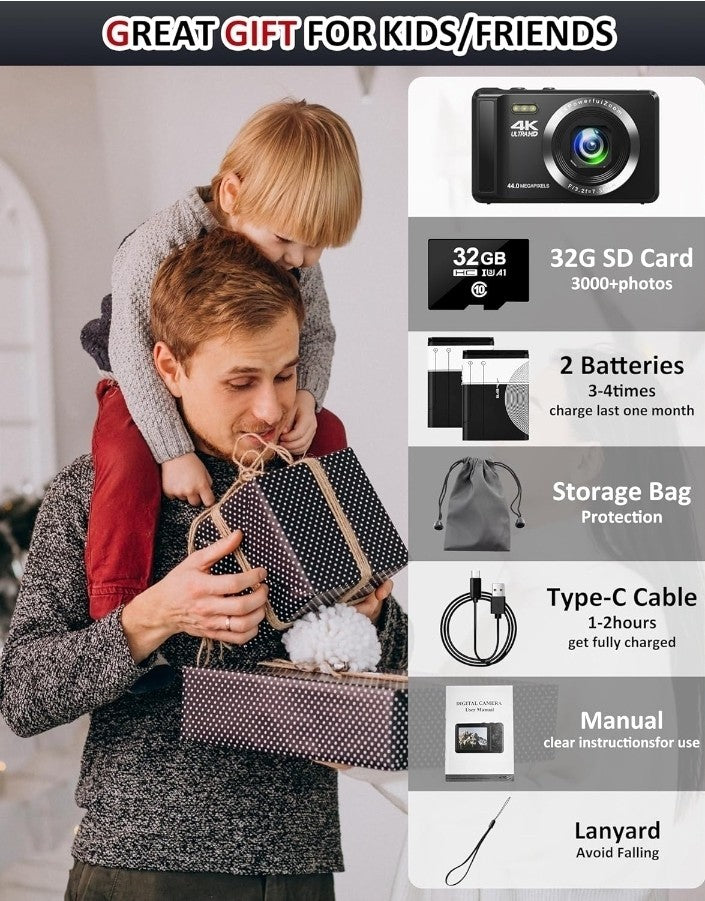 4K 44MP UHD Digital Cameras for Photography - Autofocus Point and Shoot Vlogging
