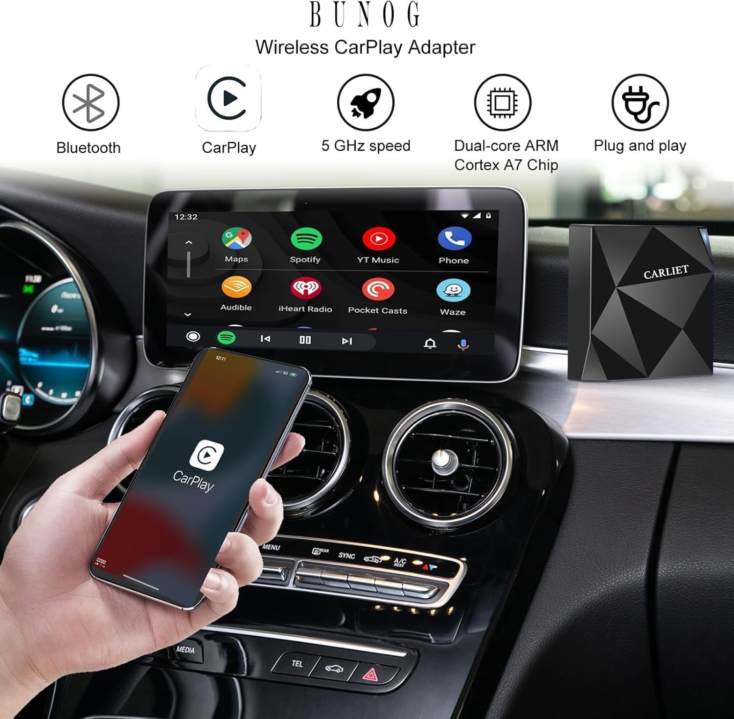 Wireless CarPlay Adapter, Wireless Car Dongle Support Online Update, Plug & Play
