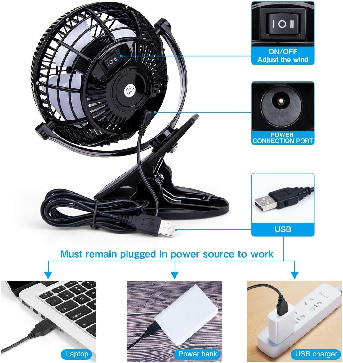 USB Desk Fan, 4 Inch Clip on Fan, 2 Speed USB Fan, 360° Rotation Small Table Fan