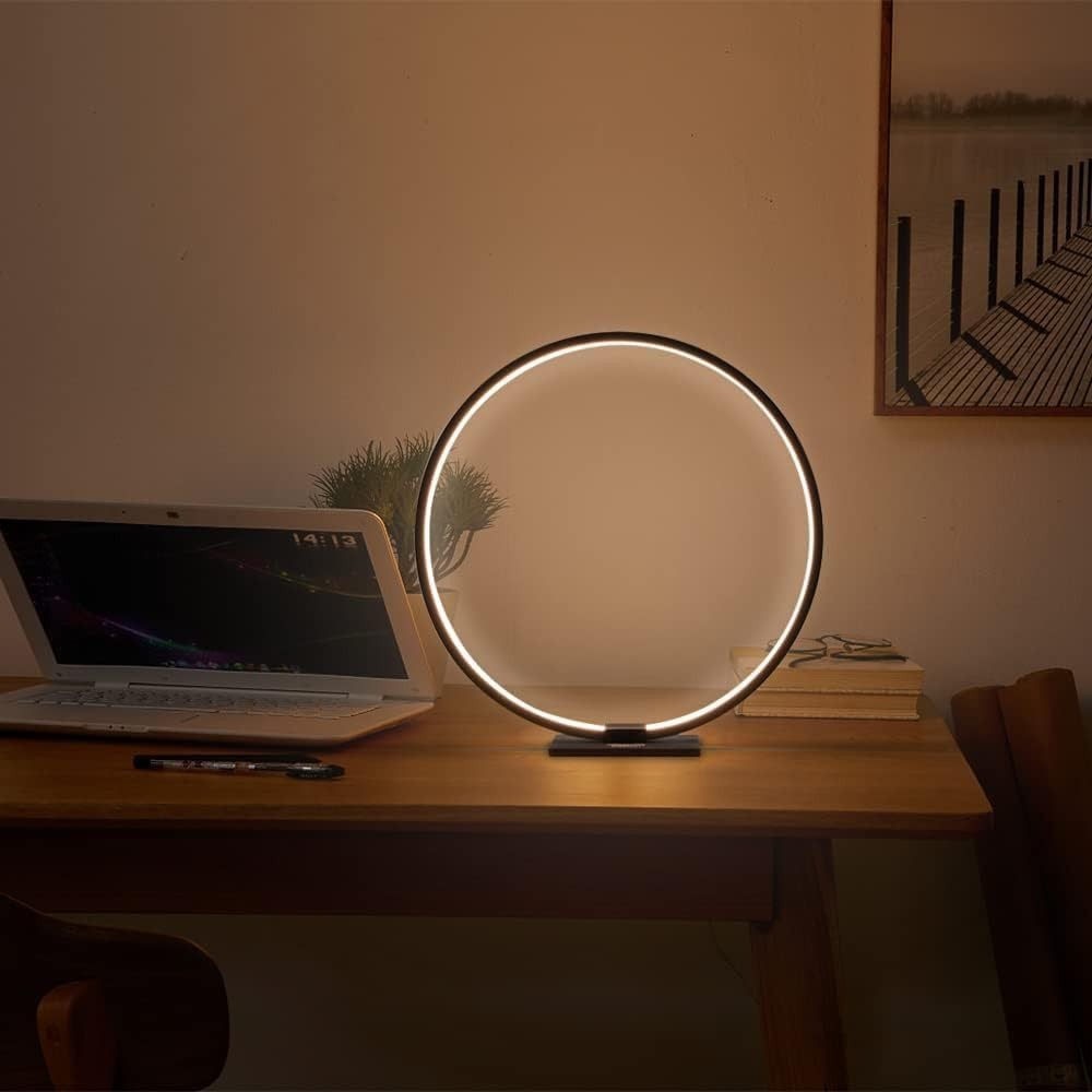 Modern Circle Table Lamp LED Warm Light Nightstand Lamp Black Bedroom Lamp