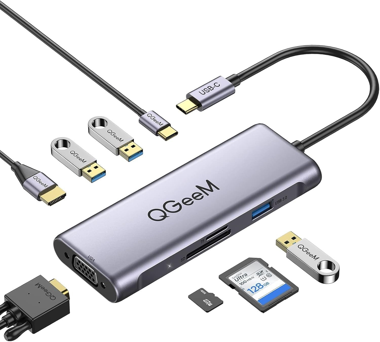 USB C Hub, QGeeM 8 in 1 USB Type-C Hub Adapter Dual Monitor Docking Station