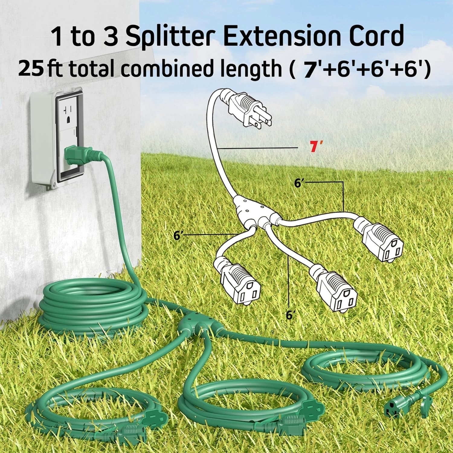 1 to 3 Splitter Extension Cord (Combined 25 FT, End to End 13 FT), 3 Prong Plug