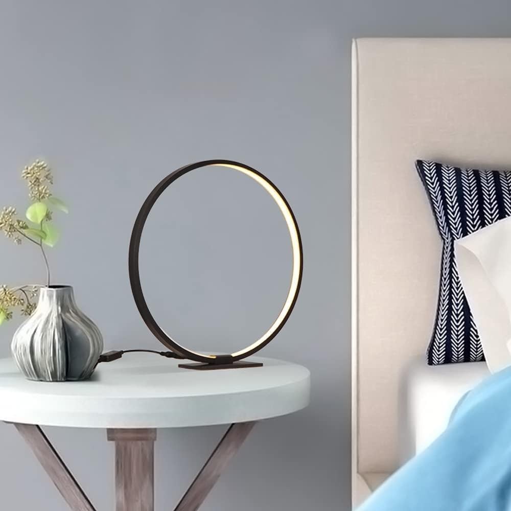 Modern Circle Table Lamp LED Warm Light Nightstand Lamp Black Bedroom Lamp