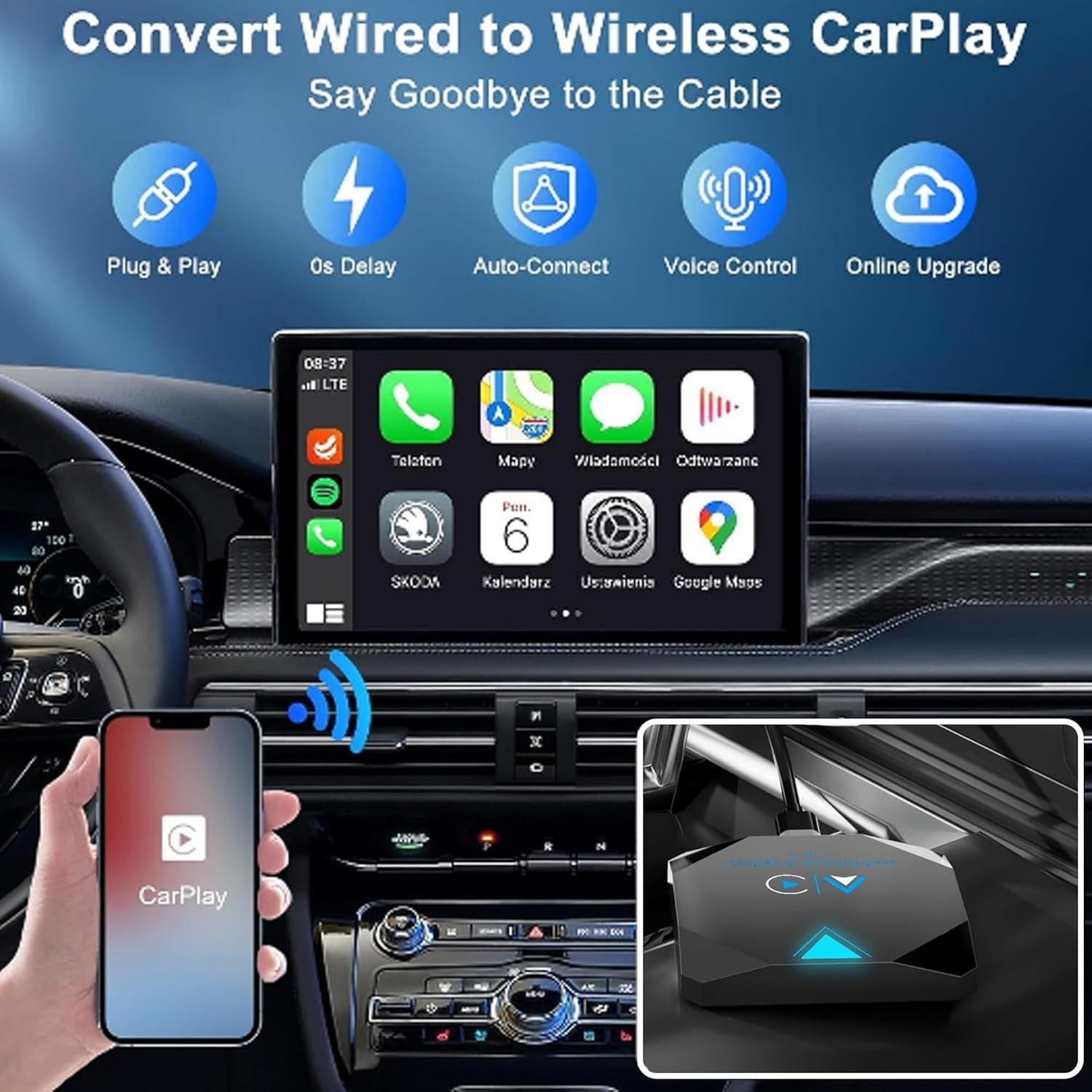 Android Auto Wireless Adapter, 2 in 1 Wireless CarPlay Adapter for iPhone NEW