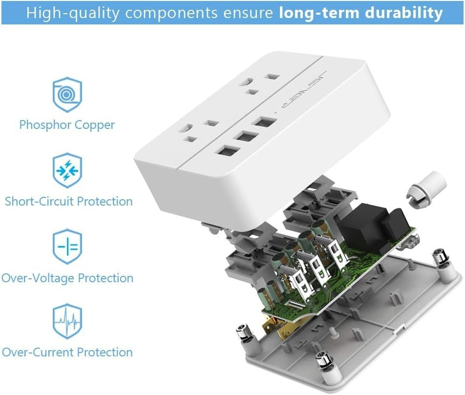 Mini USB Power Strip JSVER Travel Power Strip with 3 USB, 2 AC outlets Surge