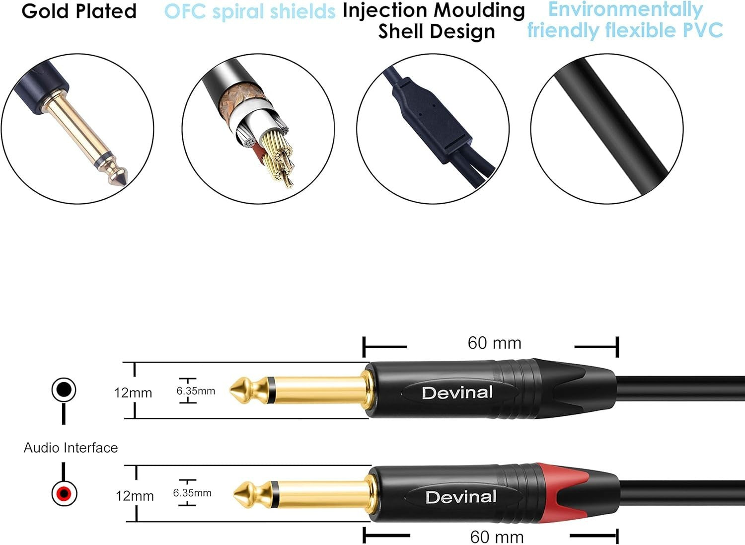 Devinal Dual 1/4 to XLR Y Splitter Cable, Double 6.35mm TS Male to XLR 3pin Male