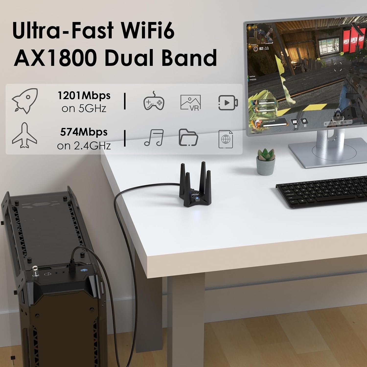 USB WiFi Adapter for Desktop PC, AX1800 WiFi Adapter Dual Band Wireless Network