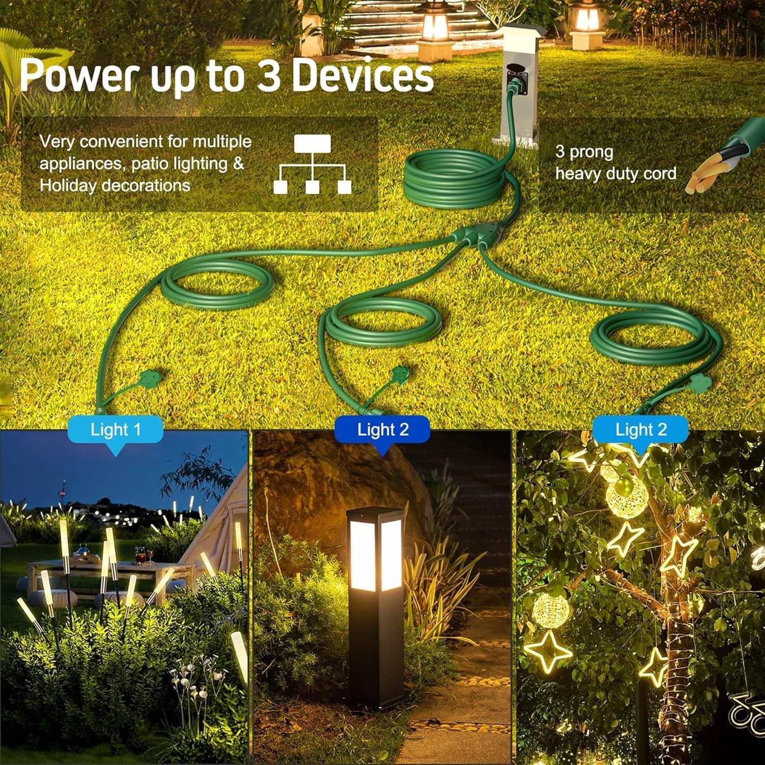 1 to 3 Splitter Extension Cord (Combined 25 FT, End to End 13 FT), 3 Prong Plug