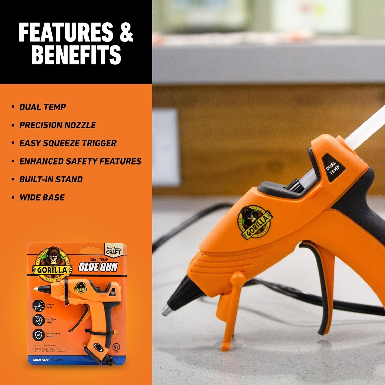 Gorilla Hot Glue Gun (Pack of 1) - Dual Temp Mini Size Hot Glue Gun with Precisi