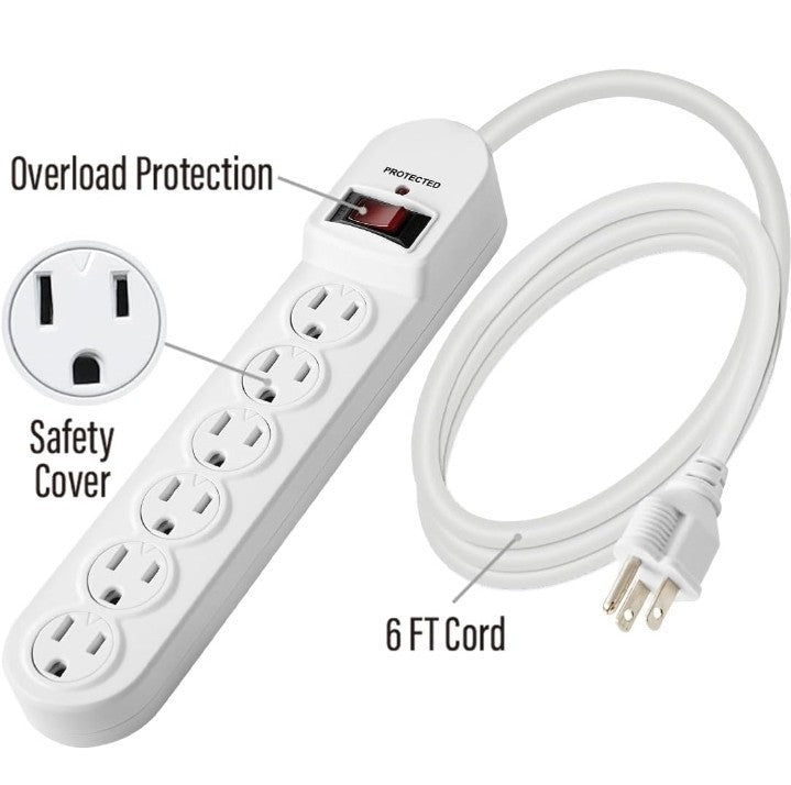 6-Outlet Power Strip Whit Surge Protector, 6 Ft Extension Cord, 510 Joules