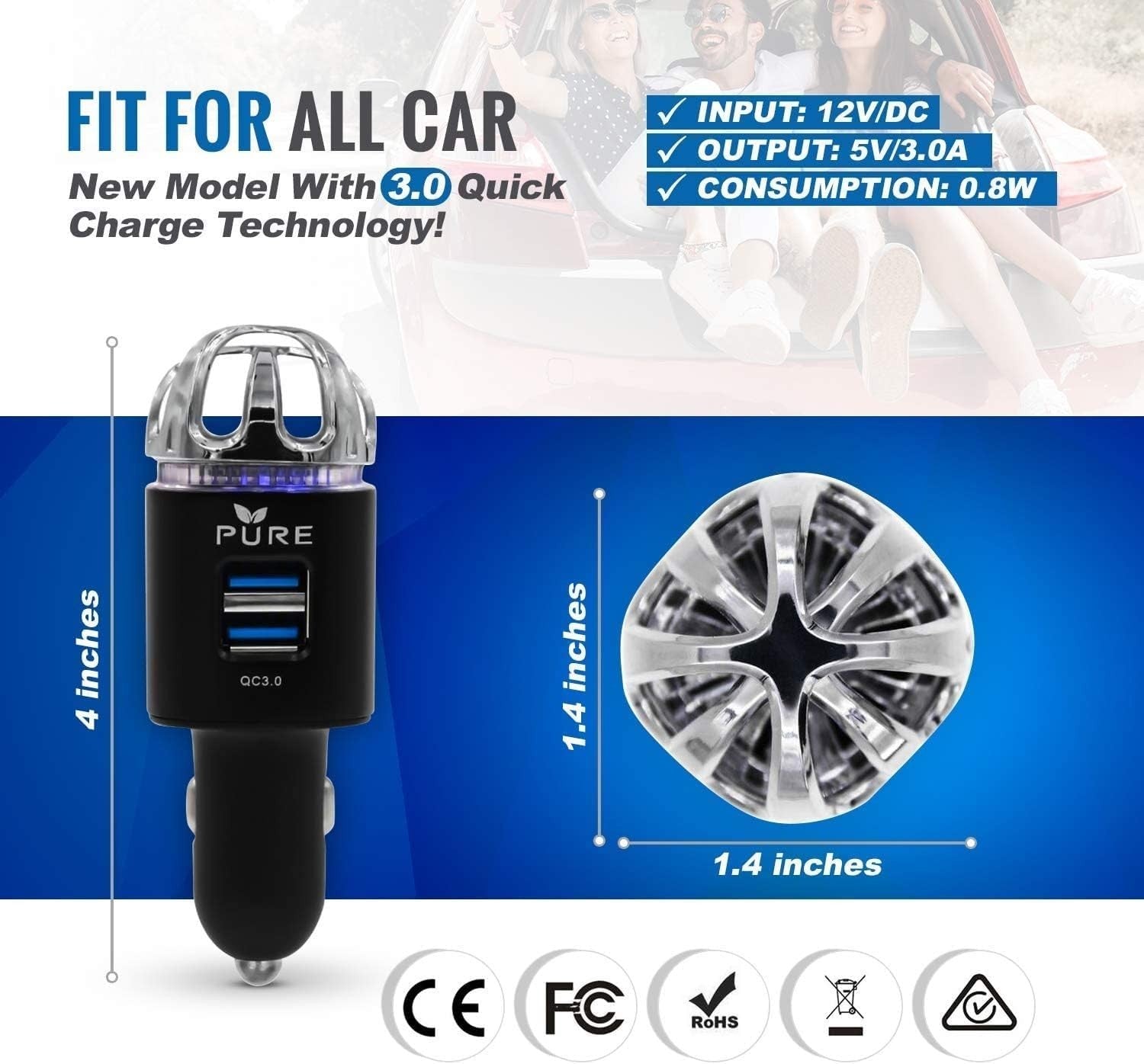 Car Air Purifier Premium Air Ionizer & Car Charger Accessory w Dual USB Ports