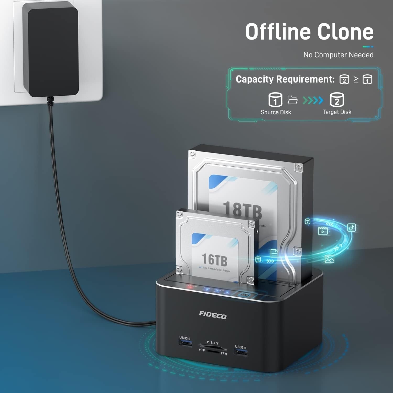 FIDECO USB 3.0 to SATA Hard Drive Docking Station Dual-Bay External HDD Dock