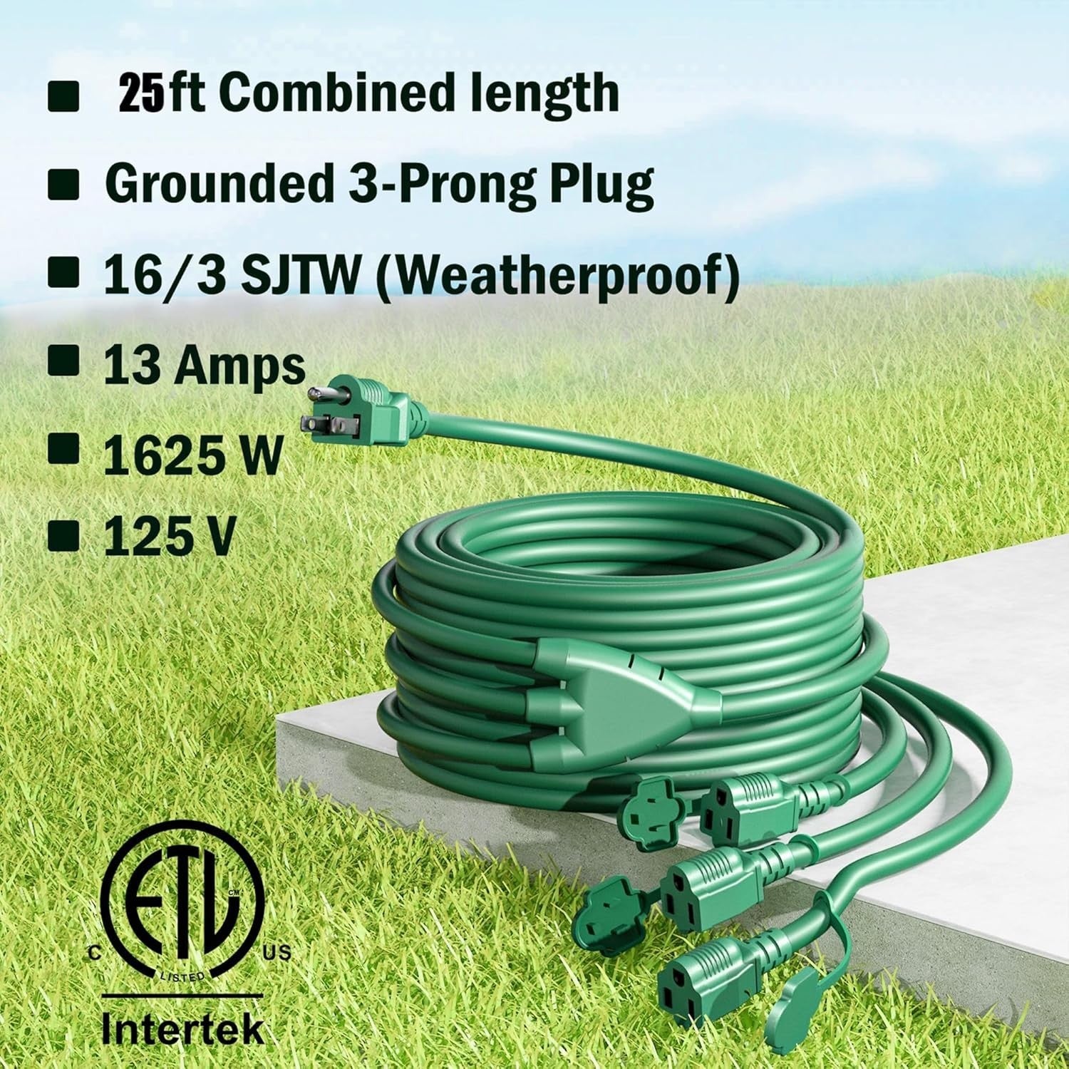 1 to 3 Splitter Extension Cord (Combined 25 FT, End to End 13 FT), 3 Prong Plug