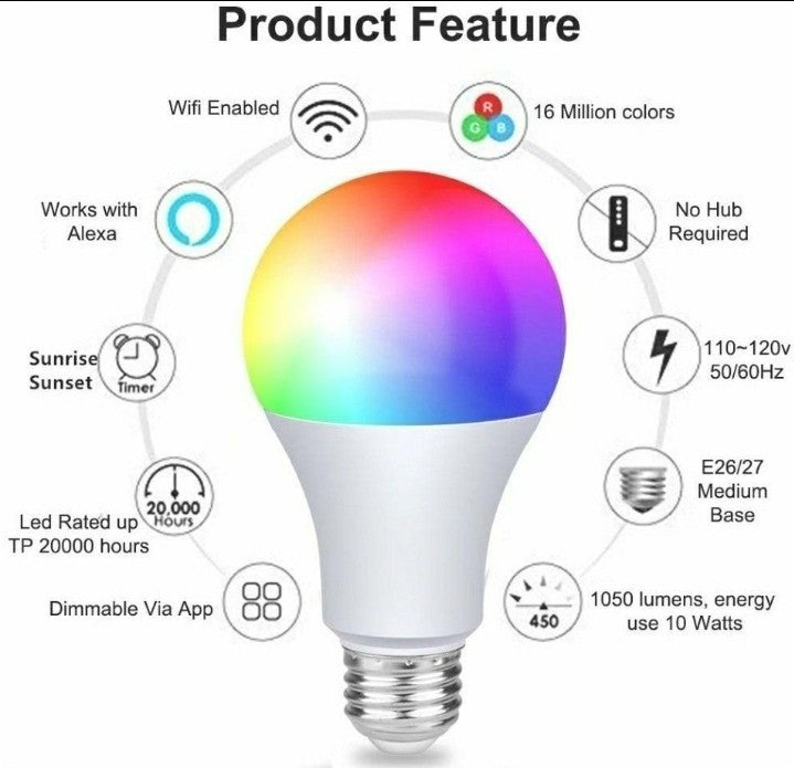 Smart WiFi Light Bulb,Color Changing Bulb Smart Light Bulb Multicolor Dimmable
