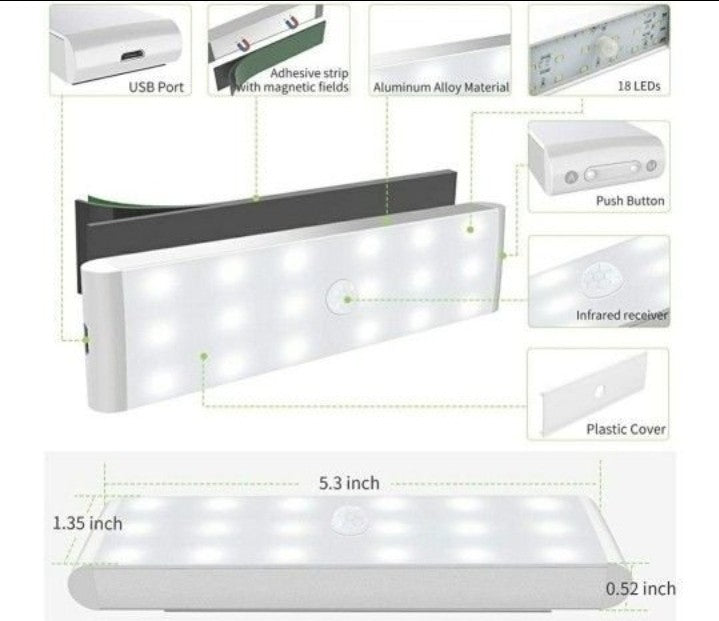 LED Closet Light, 18-LED Motion Sensor Dimmable Under Cabinet Light Rechargeable