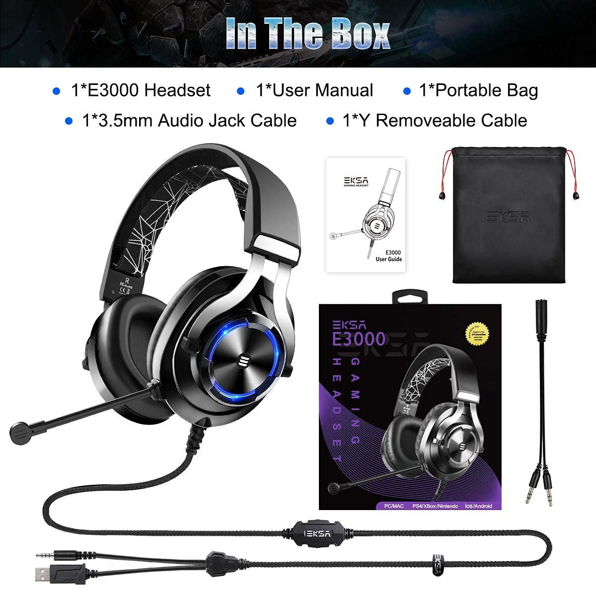 EKSA E3000 Gaming Headset PC MAC iOS ANDROID PS XBOX NINTENDO