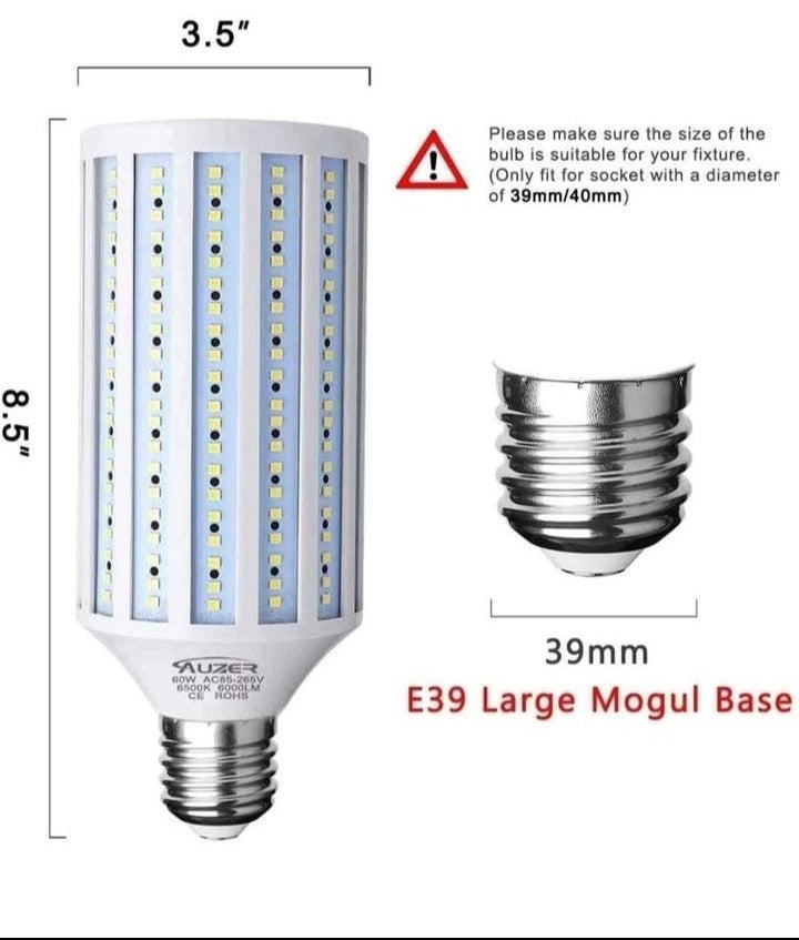 60W LED Corn Light Bulb, Large Mogul E39 Base, 6000-Lumen, 6500K Daylight Cool