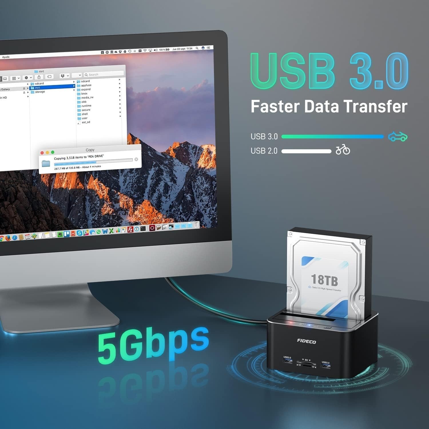 FIDECO USB 3.0 to SATA Hard Drive Docking Station Dual-Bay External HDD Dock
