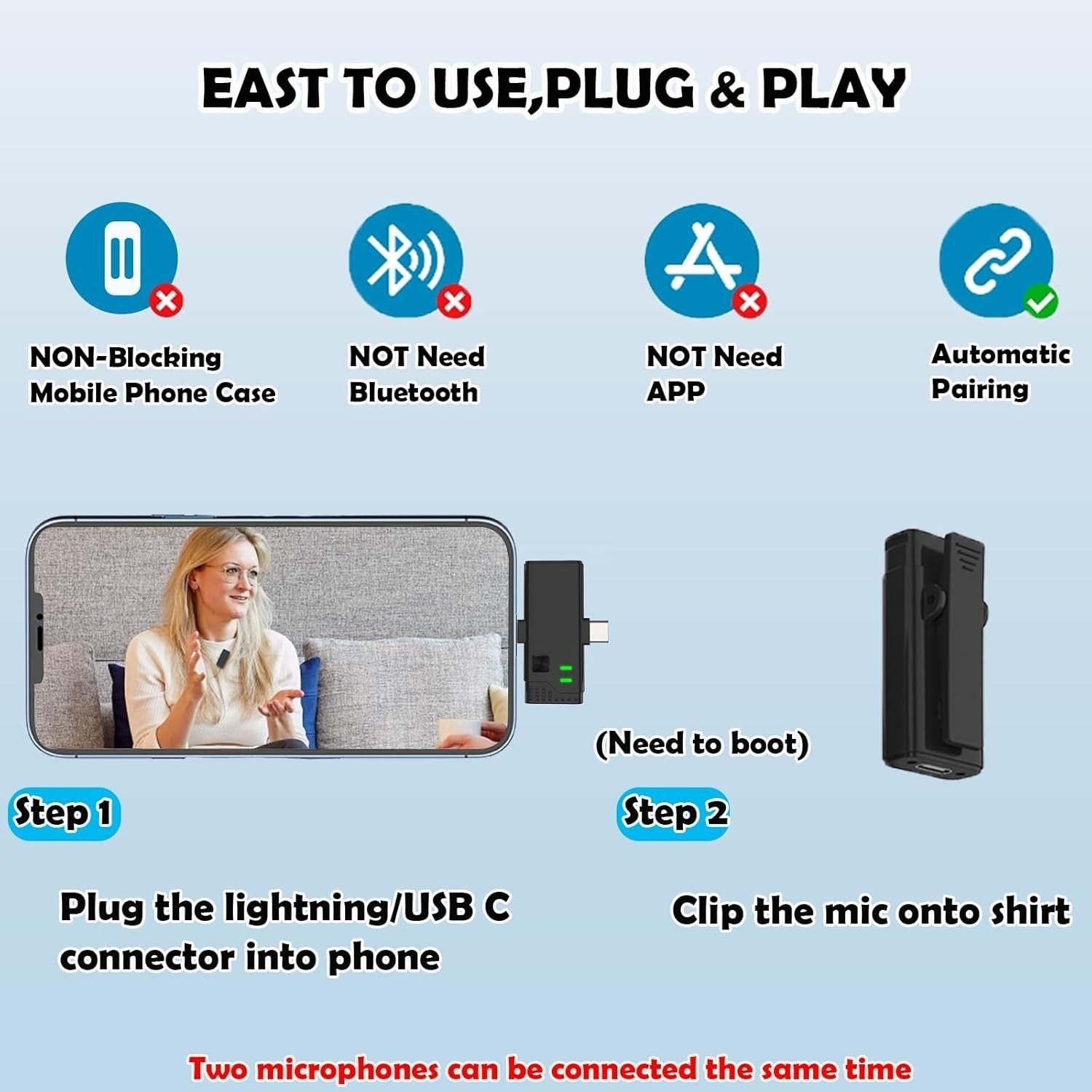 Wireless Lavalier Microphone with Noise Cancellation:40H Working Time with