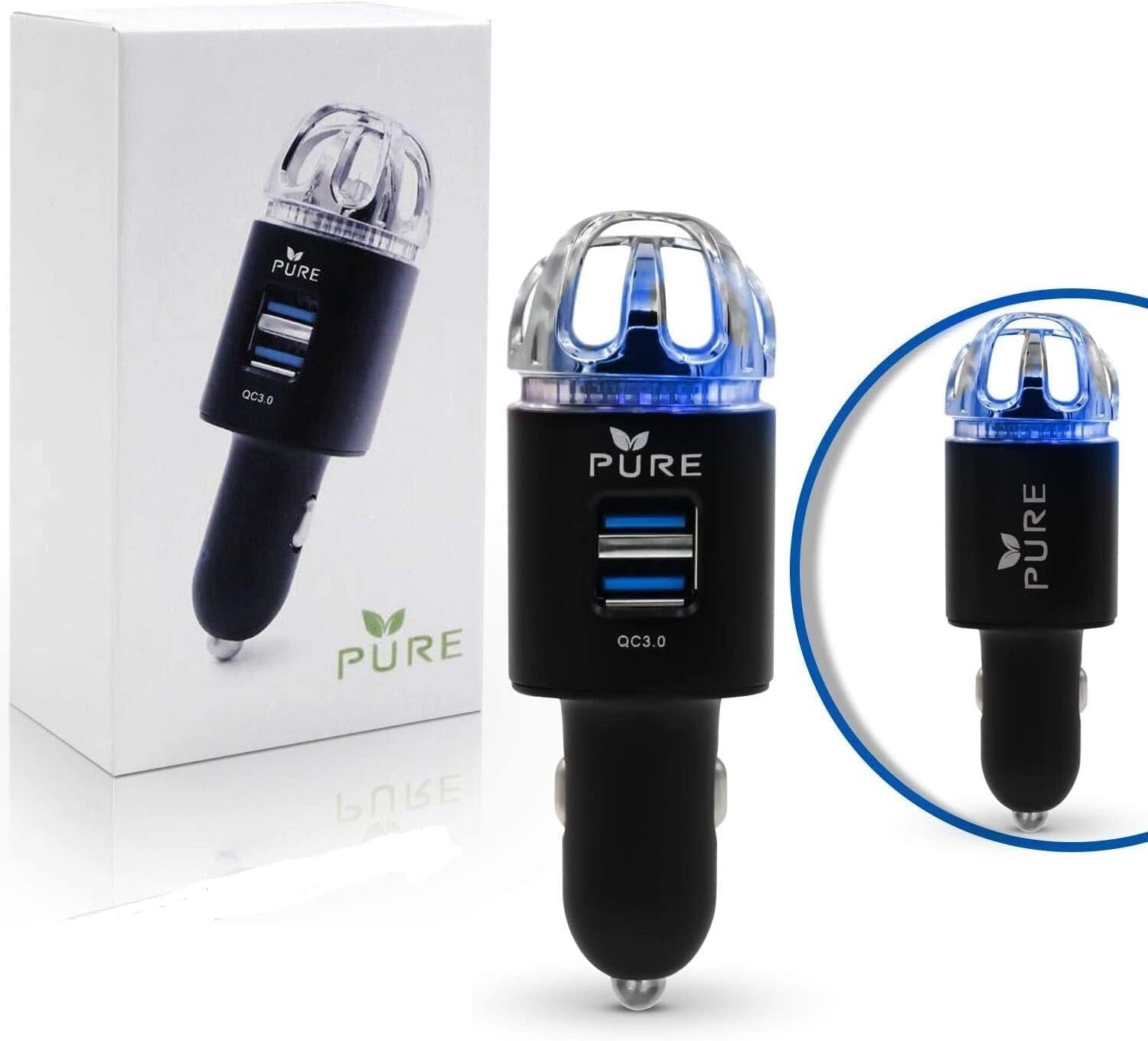 Car Air Purifier Premium Air Ionizer & Car Charger Accessory w Dual USB Ports