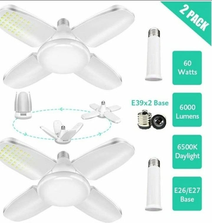 2 Pack LED Garage Lights, 6000LM 60W E26/E27/E39 Led Basement Lights