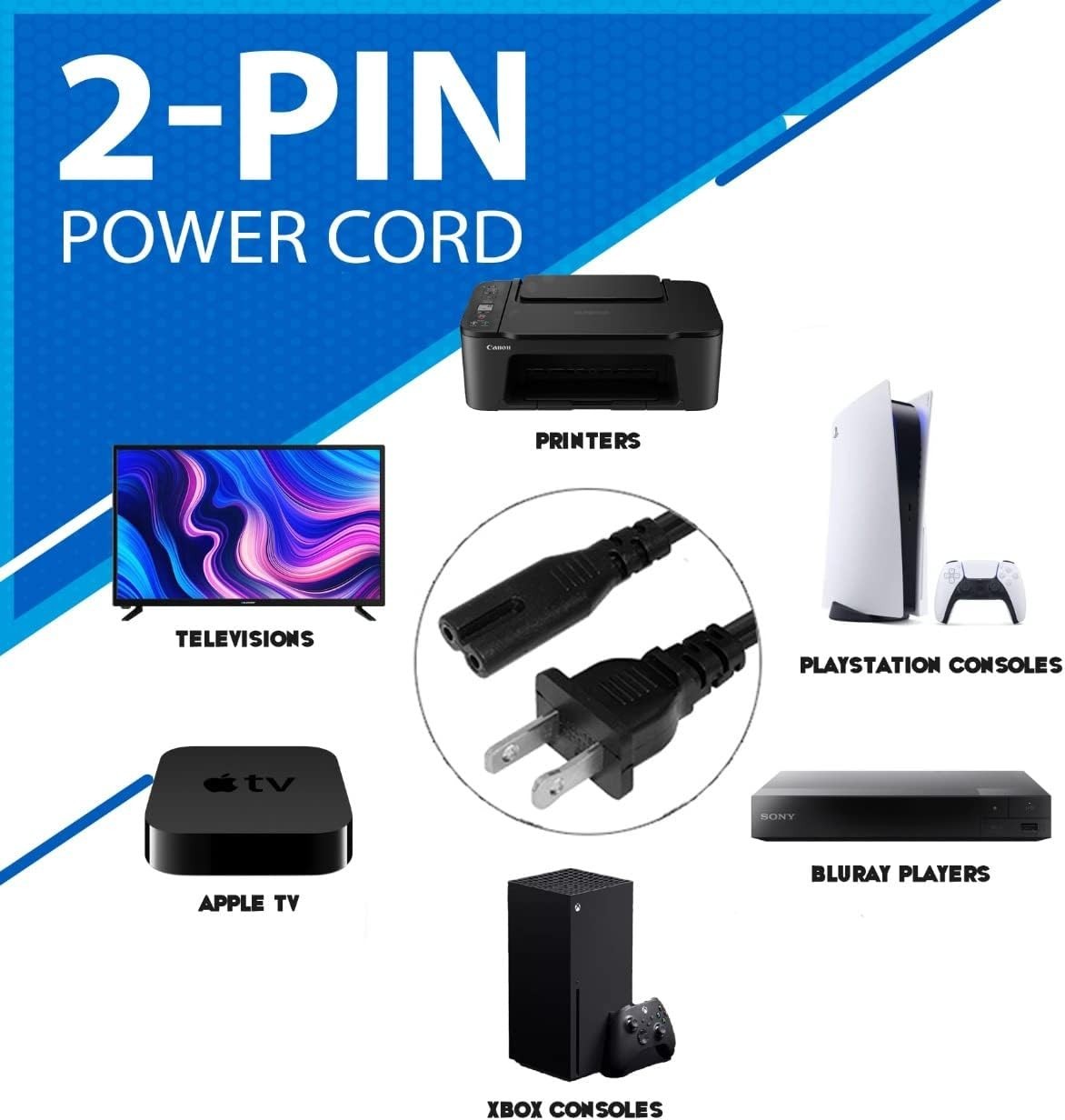 AC 2 Prong C8 Power Cord 5ft Standard 2-Slot for TV PS4 PS5 Speaker Monitor Xbox
