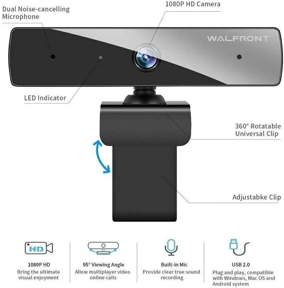 Walfront 1080P Webcam with Microphone & Privacy Cover, Walfront Web Camera for C