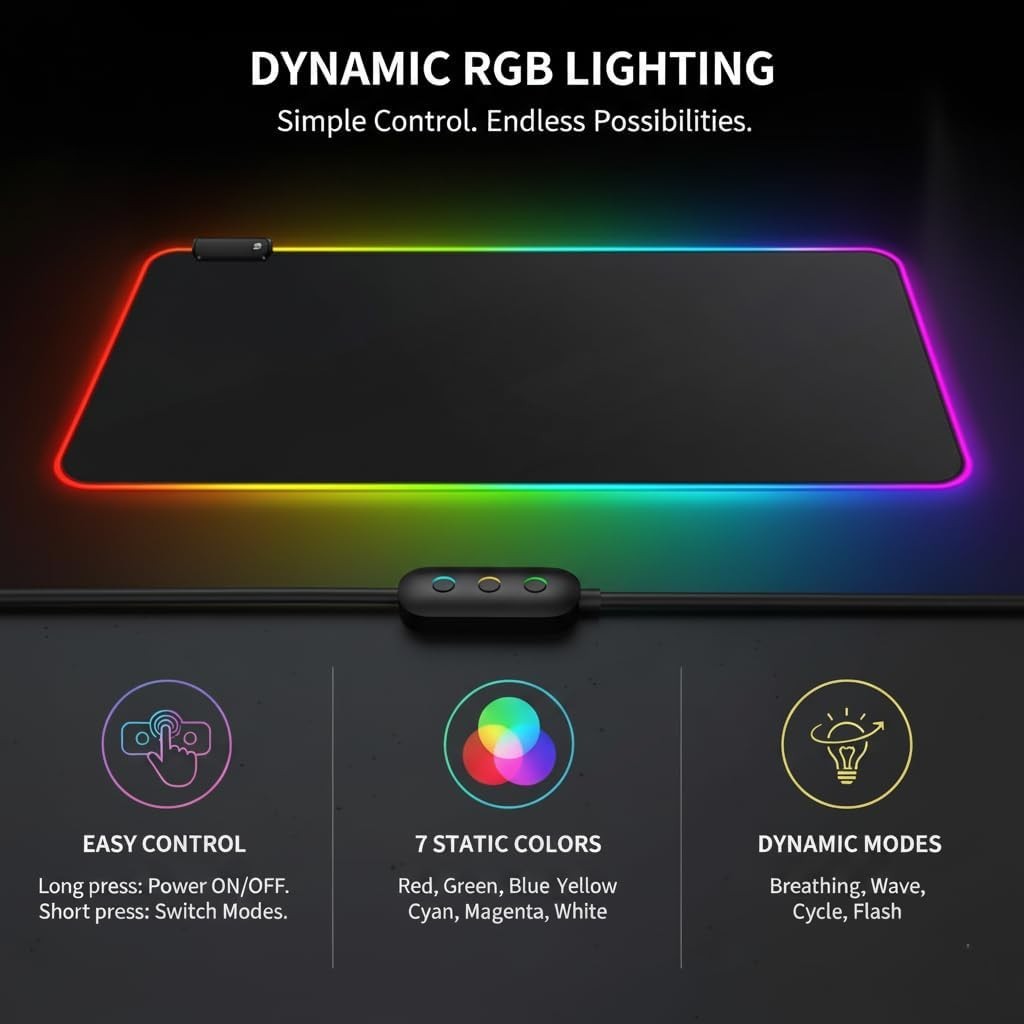 RGB Gaming Mouse Pad, LED Light Up Mousepad with Multiple Color Modes, Stitched