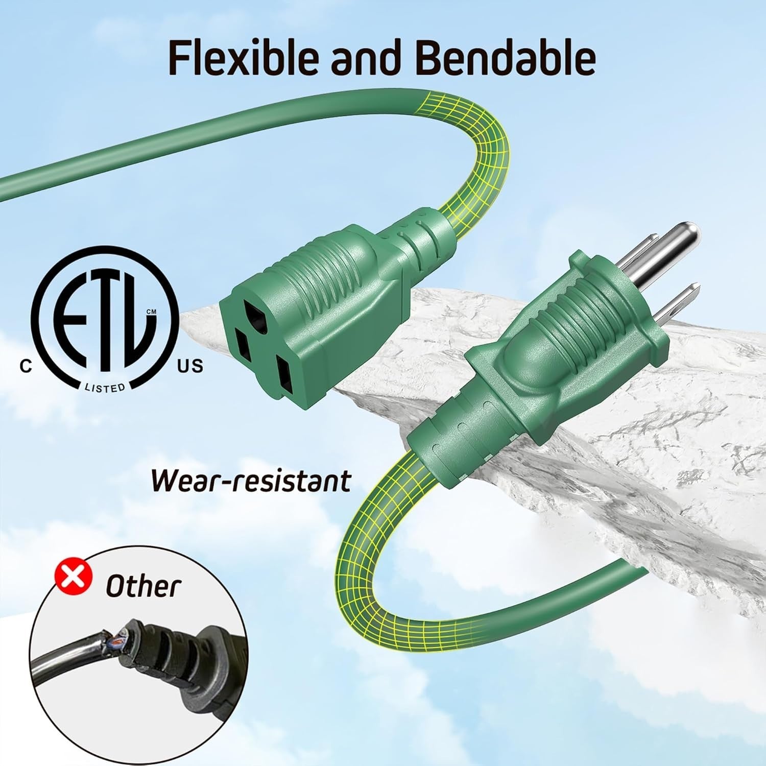 1 to 3 Splitter Extension Cord (Combined 25 FT, End to End 13 FT), 3 Prong Plug