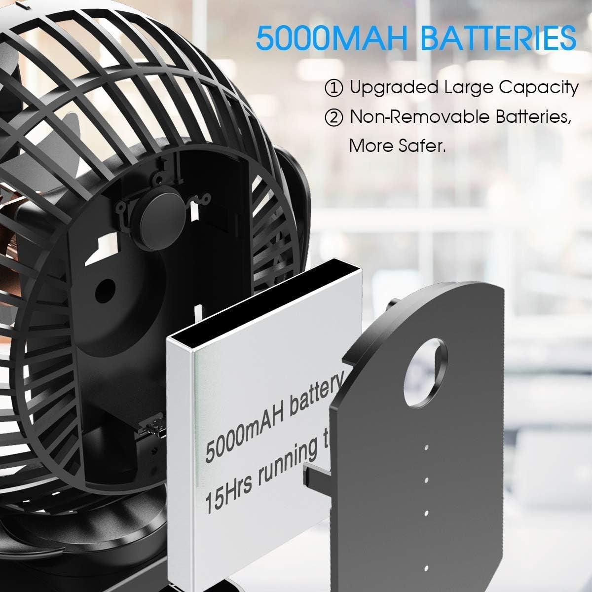 5000mAh Large Battery Powered Clip on Fan, 3 Speeds Fast Air Circulating USB