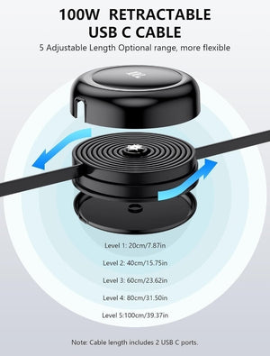 100W USB C Cable, Fast Charging, Retractable with 4-Stage Length Preset (3.3ft)