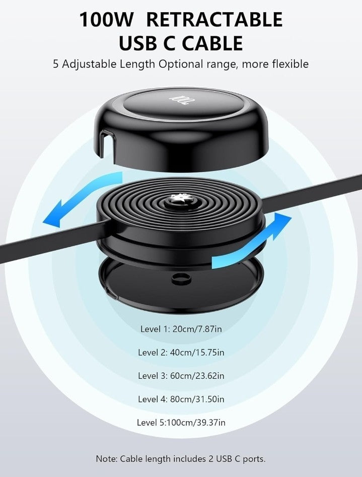 100W USB C Cable, Fast Charging, Retractable with 4-Stage Length Preset (3.3ft)