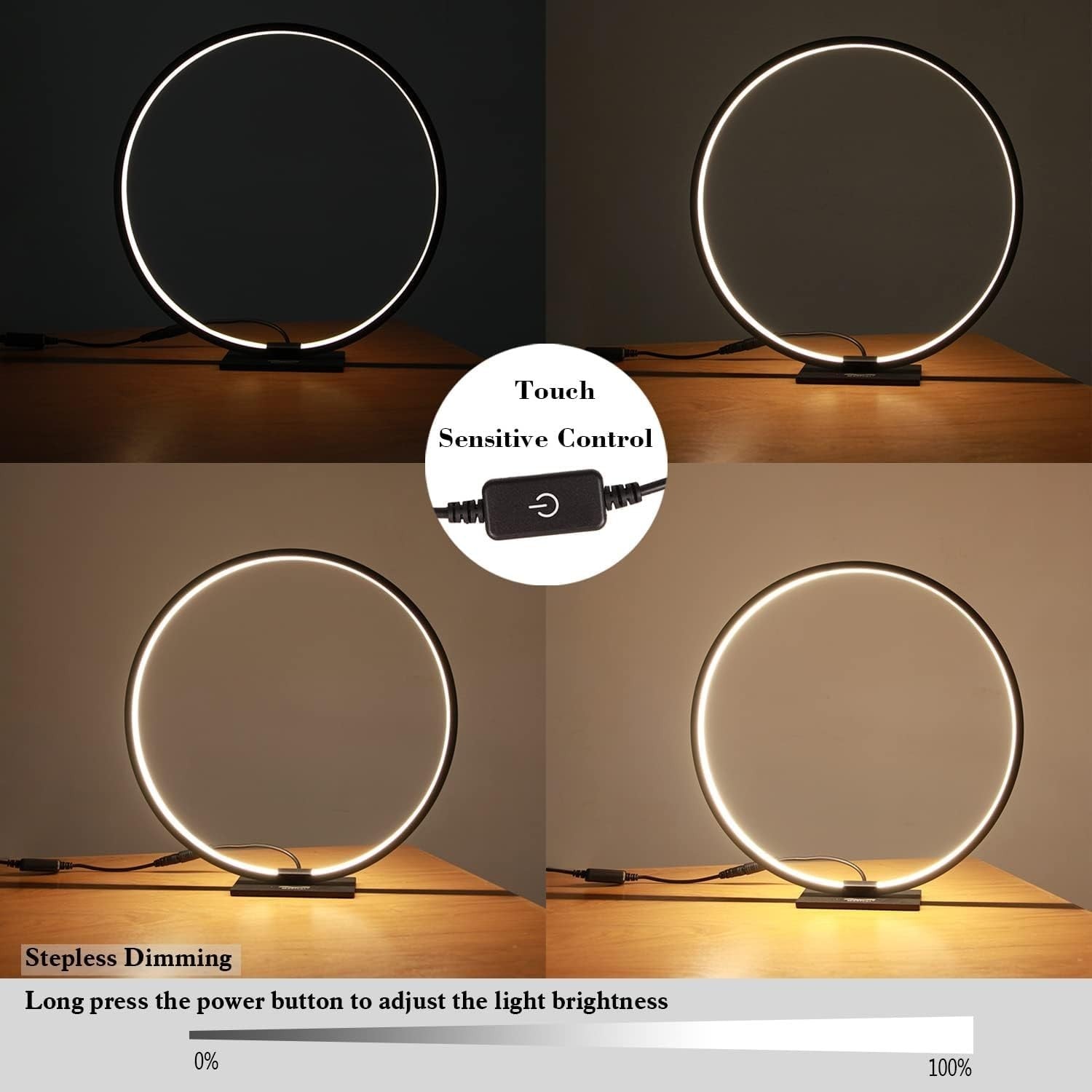 Modern Circle Table Lamp LED Warm Light Nightstand Lamp Black Bedroom Lamp