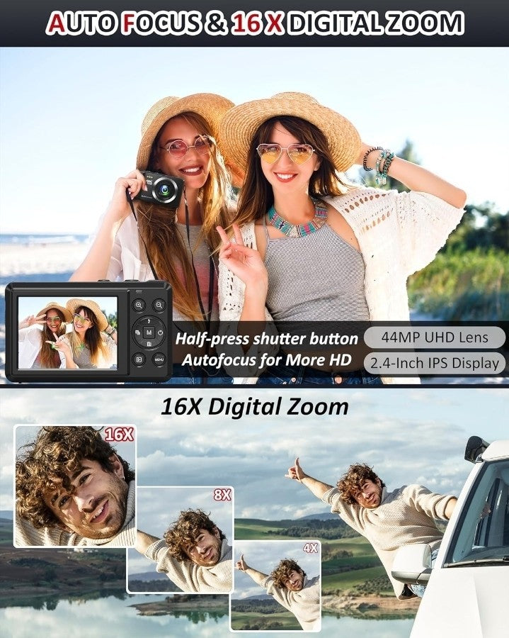 4K 44MP UHD Digital Cameras for Photography - Autofocus Point and Shoot Vlogging