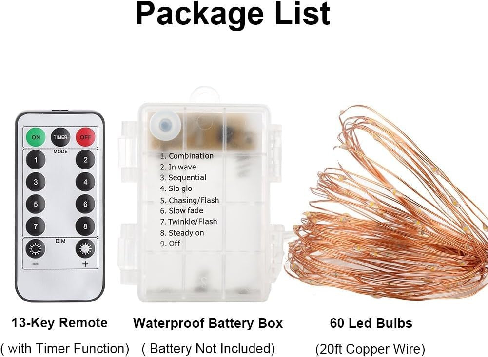 2 Pack 20 Feet 60 Led Fairy Lights Battery Operated with Remote Control Timer, 8