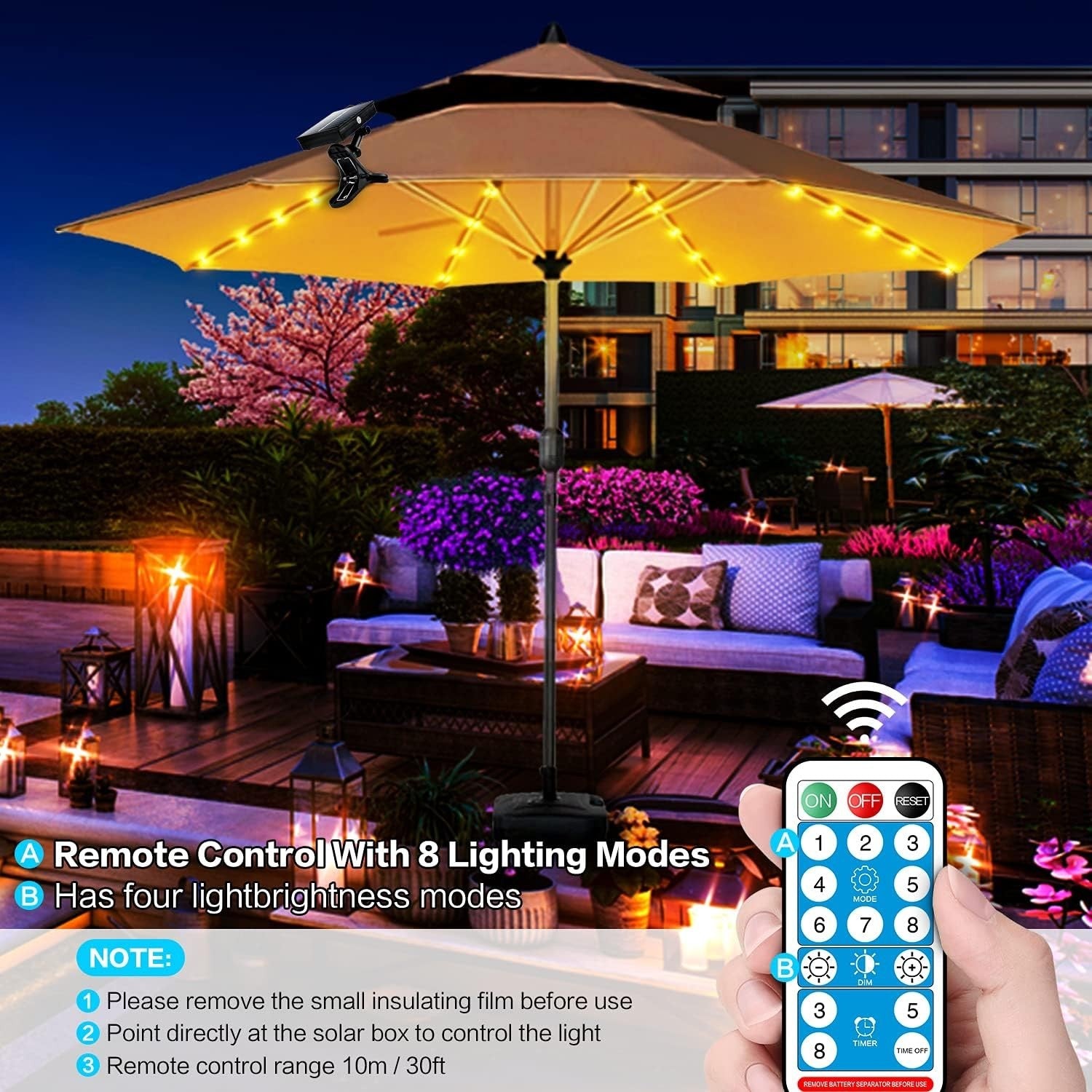 Solar Patio Umbrella Lights Cordless Parasol String Lights With Clip Umbrella