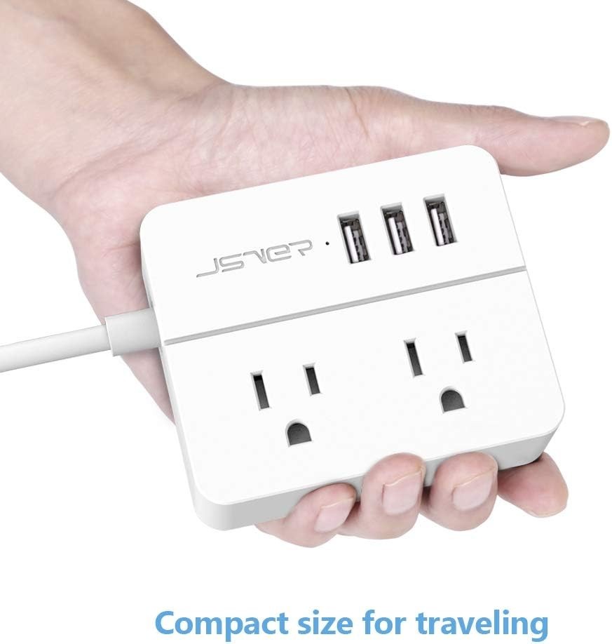 Mini USB Power Strip JSVER Travel Power Strip with 3 USB, 2 AC outlets Surge