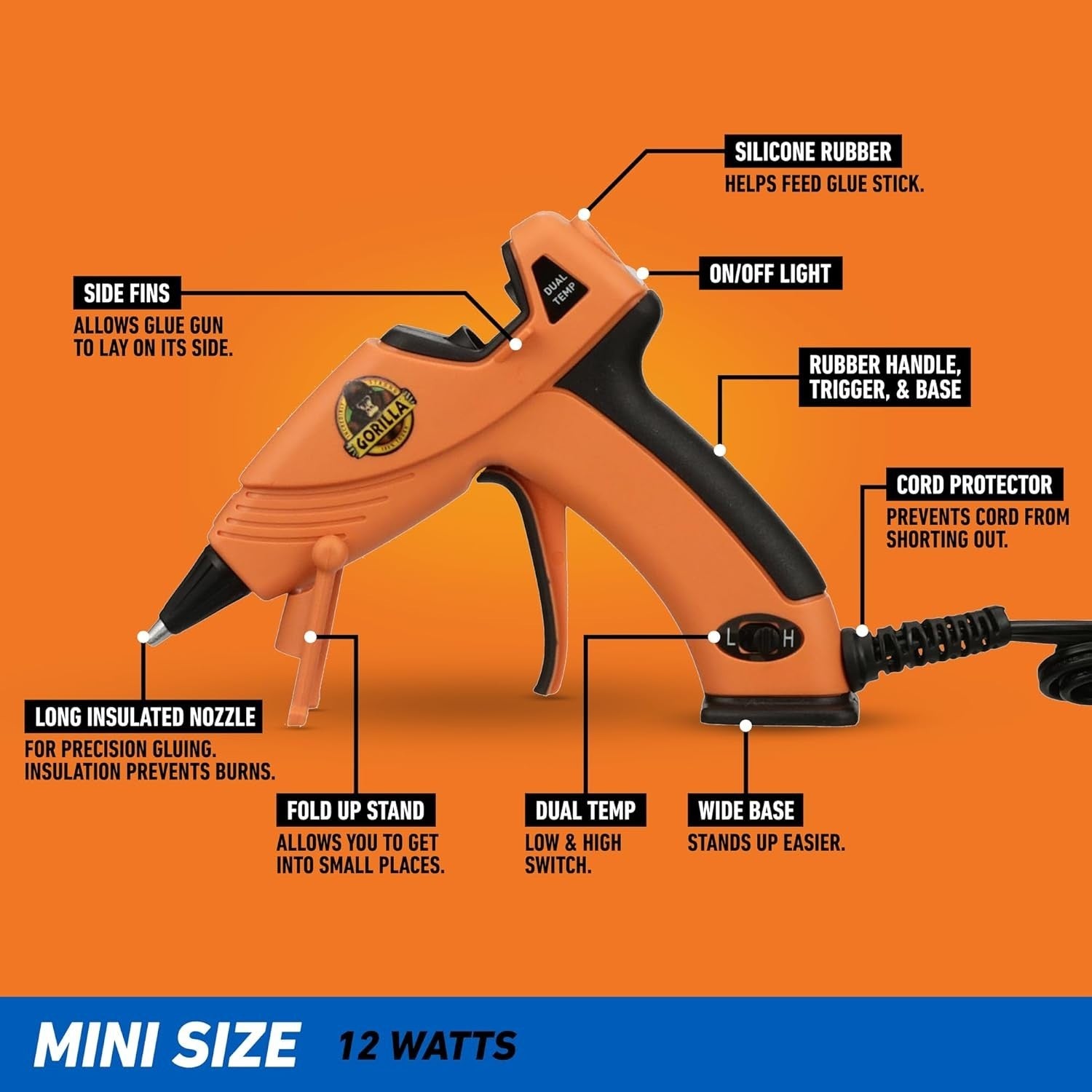 Gorilla Hot Glue Gun (Pack of 1) - Dual Temp Mini Size Hot Glue Gun with Precisi