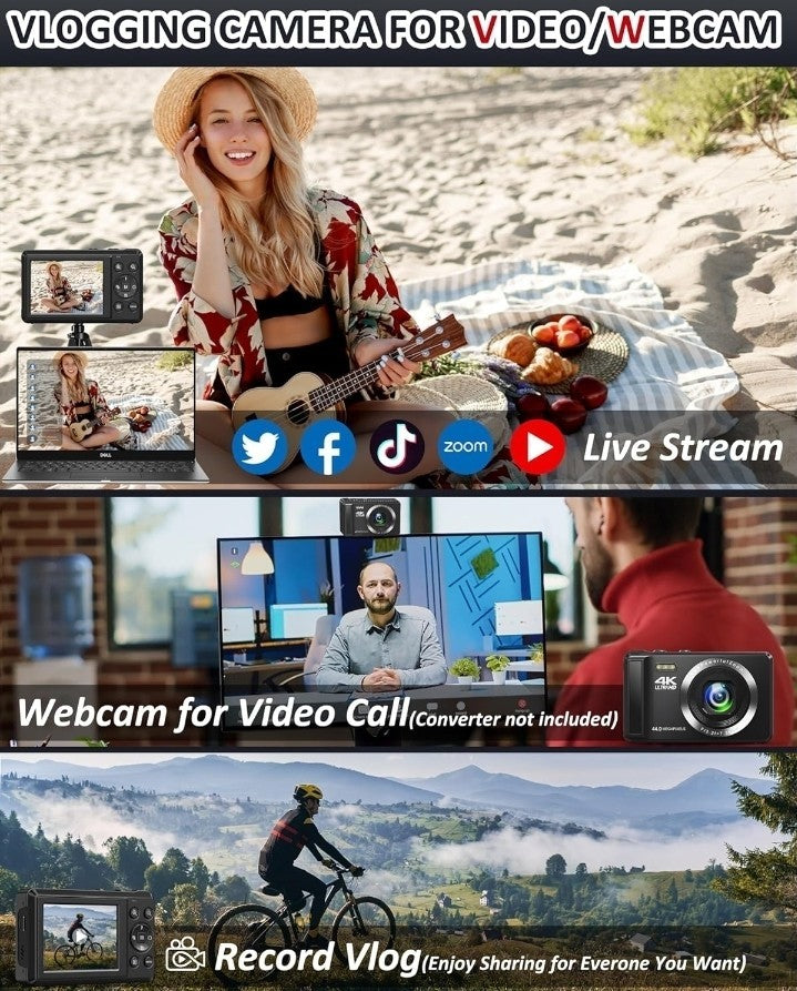 4K 44MP UHD Digital Cameras for Photography - Autofocus Point and Shoot Vlogging