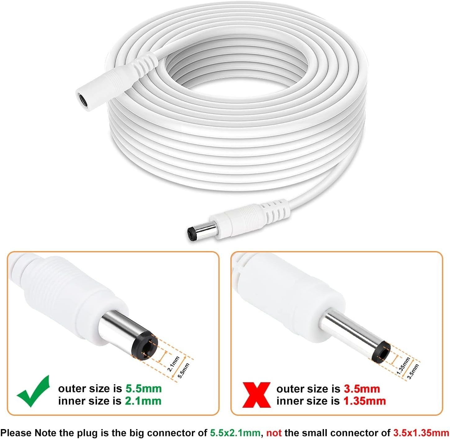 WILDHD DC Power Extension Cable 33ft 2.1mm x 5.5mm Compatible with 12v Power