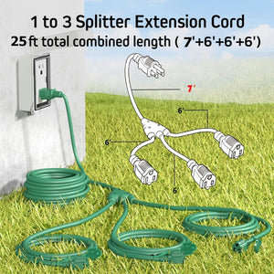 1 to 3 Splitter Extension Cord (Combined 25 FT, End to End 13 FT), 3 Prong Plug