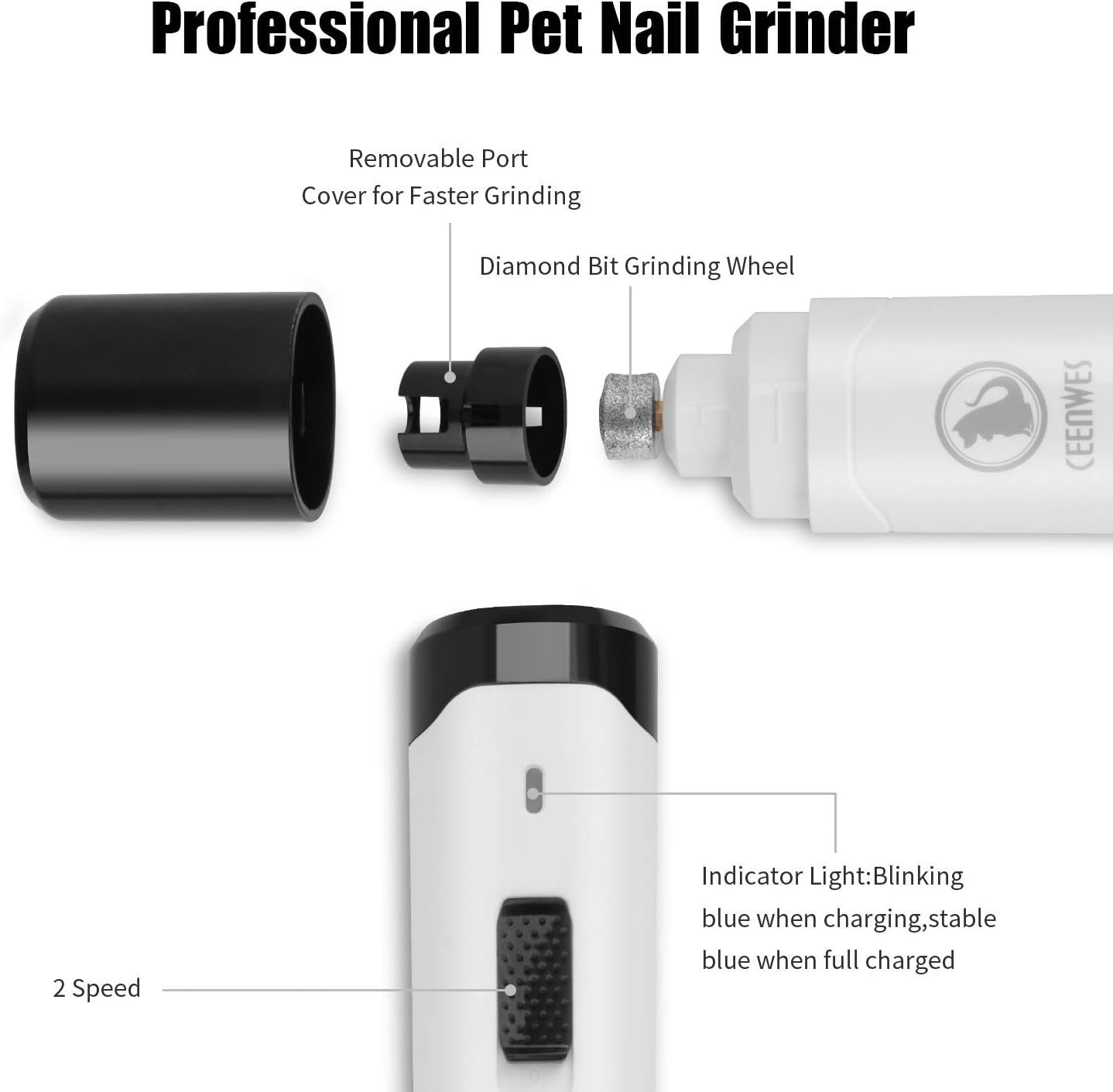 Ceenwes Dog Nail Grinder 2-Speed Rechargeable Pet Nail Trimmer with Dog Nail