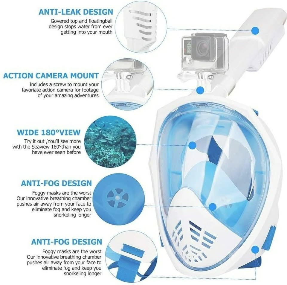 Full Face Snorkel Mask 180° Panoramic View Snorkel Mask (White)